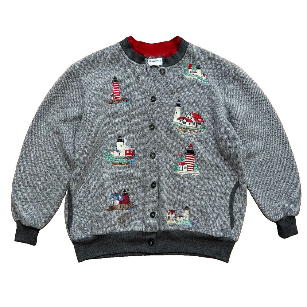 Vintage 90s Bon Worth Lighthouse Cardigan Sweater Size M/L Gray Nautical Coastal